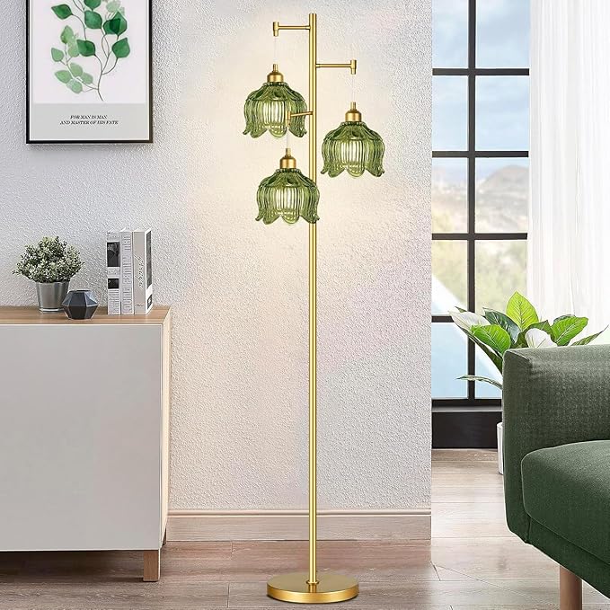 Gold Floor Lamp for Living Room,Bedroom,Mid Century Modern Standing Lamp Brass Tree 3 Light Tall Floor Lamps Vintage Retro Floor Lights Glass Green Flower Lamp Shade Farmhouse Boho Bohemian-HomvellaHome