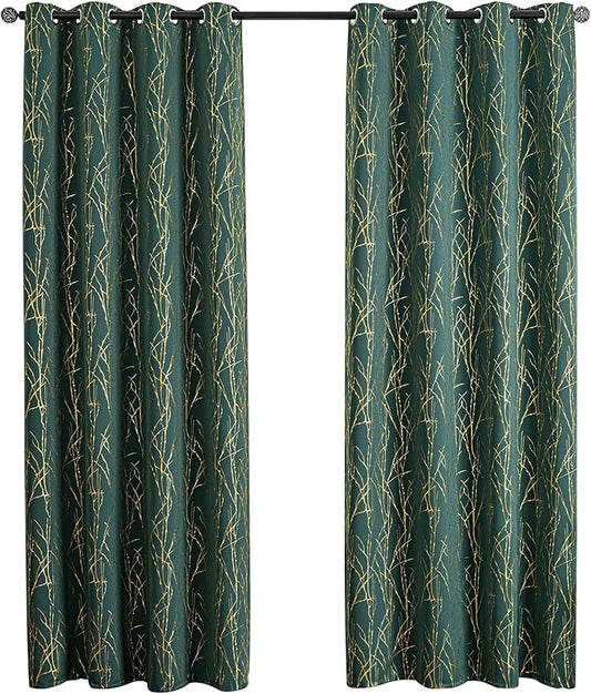 Grommets Blackout Long Window Curtains Green Gold-52W*84L 2PCS Drapes for Bedroom-HomvellaHome