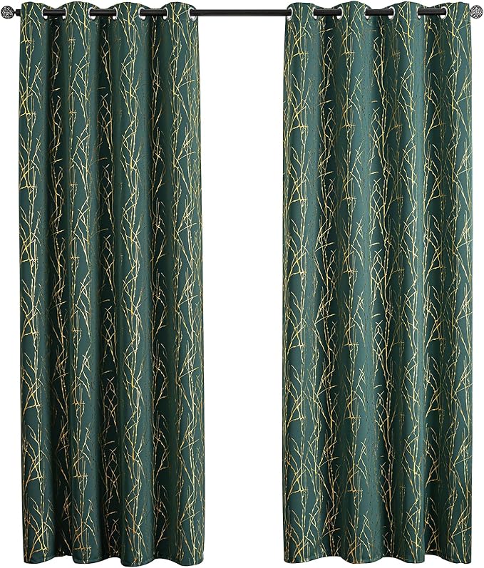 Grommets Blackout Long Window Curtains Green Gold-52W*108L 2PCS Drapes for Bedroom-HomvellaHome