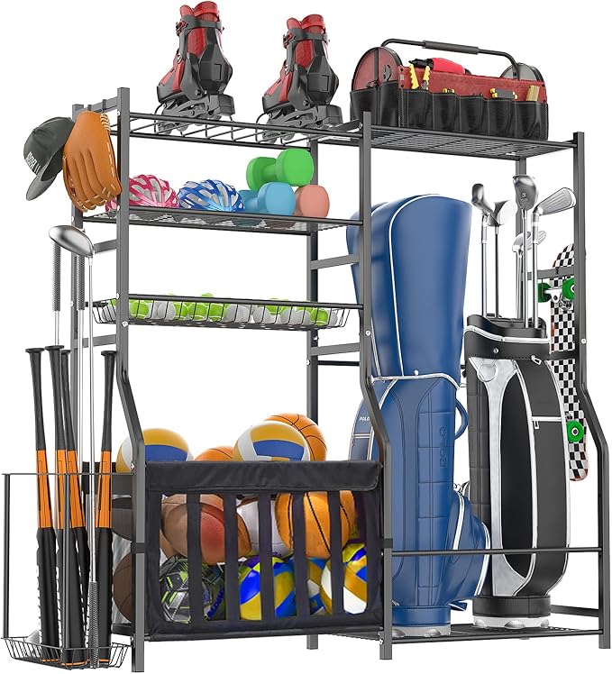 Garage Sports Equipment Organizer, Strong Load Bearing Golf Bag Organizer, Multi Use Golf Ball Rack Basketball Rack for Sports Gear and Outdoor Toy Ball Storage-HomvellaHome