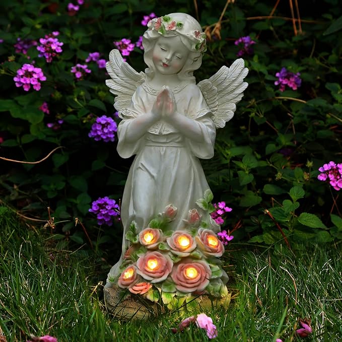 Garden Decor Angel Statue, Outdoor Patio Garden Sculptures & Statues, Solar Yard Decorations Lawn Ornaments Figurines for Outside-HomvellaHome
