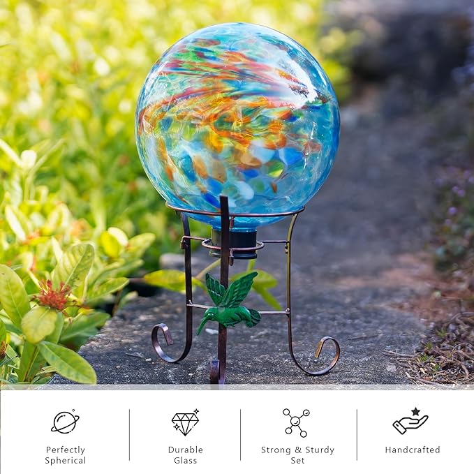 10 Inch Glass Gazing Ball, with 9.4" Tall Metal Gazing Globe Stand, Glass Balls Display Holder Set for Outdoor Garden Lawn Yard Decoration, Blue Artistic-HomvellaHome