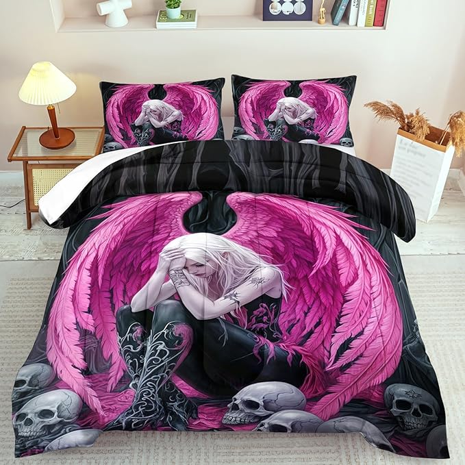 Gothic Skull Comforter Set King for Adults,Angel Wings Bedding Set Pink for Girls,Sexy Angel Comforter Bedroom Decor Teen,Gothic Skull Bedding Decor Pink Wings Quilt-HomvellaHome