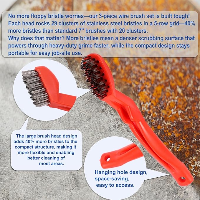 GOLDEN SMILE 3-Pack Heavy-Duty Stainless Steel Wire Brushes – 7" Ultra-Stiff 5x29 Grid (40% Denser Bristles) – Resists Bending, Rust & Grime Blaster for Industrial Cleaning-HomvellaHome