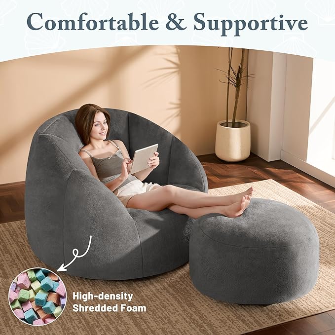 Giant Bean Bag Chaise Lounge Indoor Chair for Adults - Comfy Plush Round Shell Soft Accent Chair, Oversized Cozy Floor Sofa for Living Room, Bedroom & Game Rooms, Gray-HomvellaHome