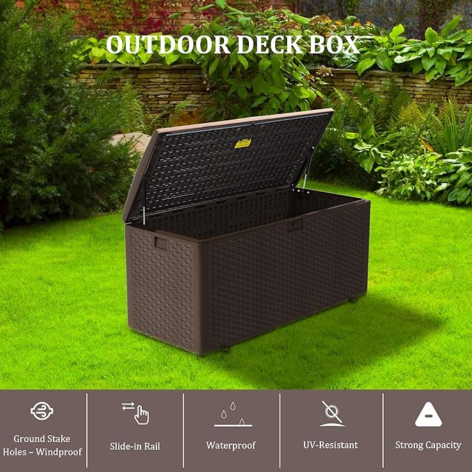 180 Gallon Pro Outdoor Storage Box Waterproof Lockable Resin Deck Box Large, Patio Storage Bin for Pool Accessories Cushion Furniture, Garden Tools, UV-Resistant Outside Delivery Brown-HomvellaHome