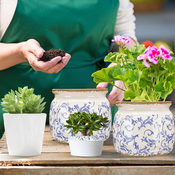 1 Pcs Vintage Planter Large Ceramic Plants Pot Blue Chinoiserie Crack Cottage Scroll Vase Flower Vase Pot Indoor Plants Home Kitchen Decor Farmhouse Antique Decorative Gift-HomvellaHome