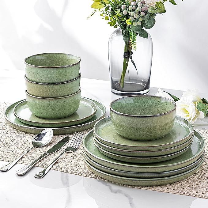 GBHOME Ceramic Dinnerware Sets for 8, 24 Pieces Stoneware Plates and Bowls Sets, Scratch Resistant Dishes, Dishwasher & Microwave Safe-Pastel Green-HomvellaHome