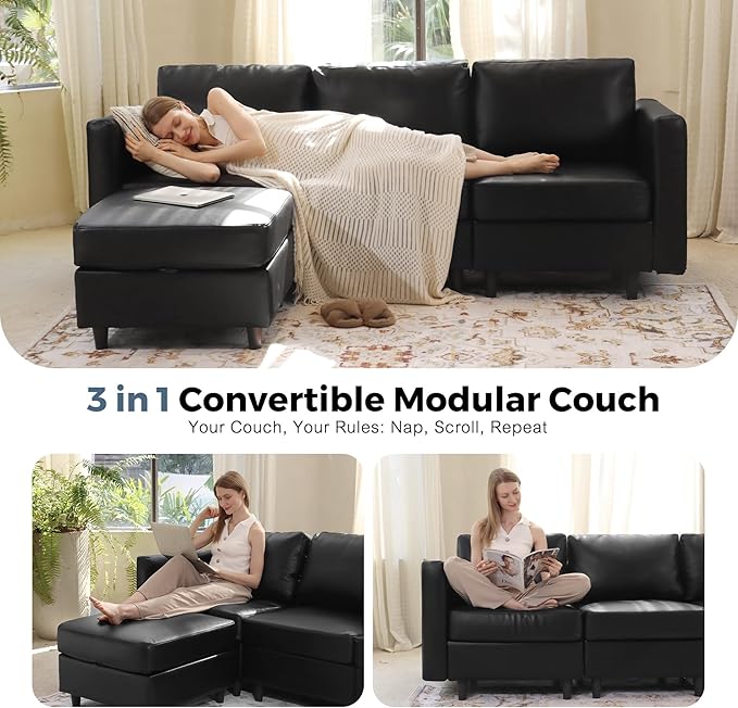 118.5" Faux Leather Modular Sectional Sofa with Storage Seat, Modern 6 Seater Couch Deep Seat with Removable Cover DIY Combination Black-HomvellaHome