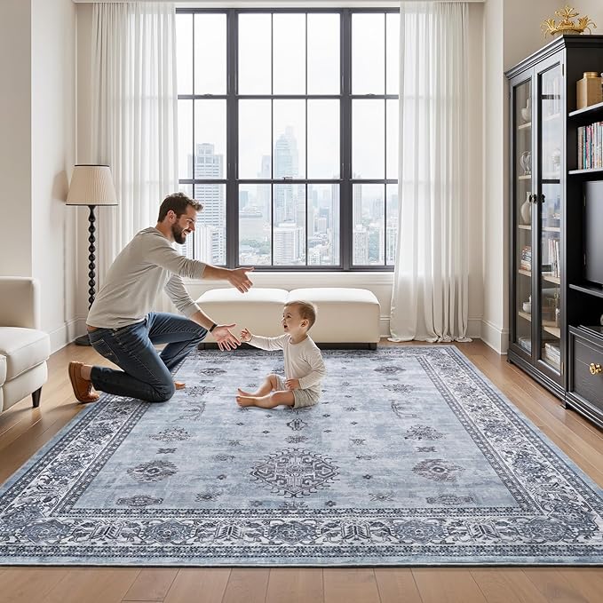 AMOAMI-Vintage Area Rug 5X7 Blue Rugs for Living Room-Soft Living Room Rug Non Slip Rugs for Bedroom Carpet Machine Washable Rug for Dining Room Bedside Office Room Decor-HomvellaHome