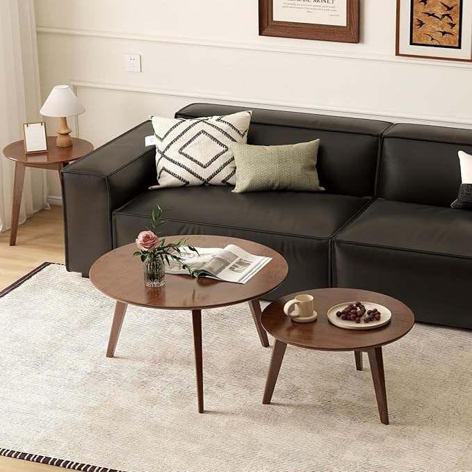 100% Solid Oak Wood Coffee Table Set, Round Coffee Table Combo Side Table w/Solid Wood Legs, Mid Century Table Sturdy Tables for Bedroom Balcony Living Room (Walnut, 3 Pieces)-HomvellaHome