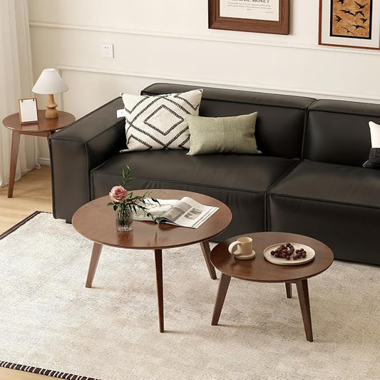 100% Solid Oak Wood Coffee Table Set, Round Coffee Table Combo Side Table w/Solid Wood Legs, Mid Century Table Sturdy Tables for Bedroom Balcony Living Room (Walnut, 3 Pieces)-HomvellaHome