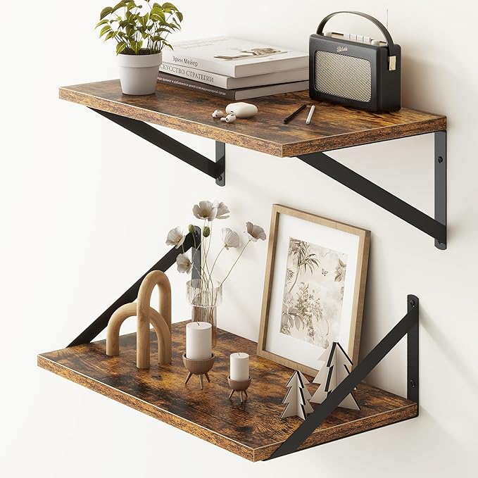 18"W x10"D Floating Shelves, Farmhouse Wall Shelves Home Decor Shelf, Deep Bathroom Shelves with Bracket, 10 Inch Deep Wall Shelf for Living Room, Kitchen, Bedroom, Rustic Brown, Set of 2-HomvellaHome