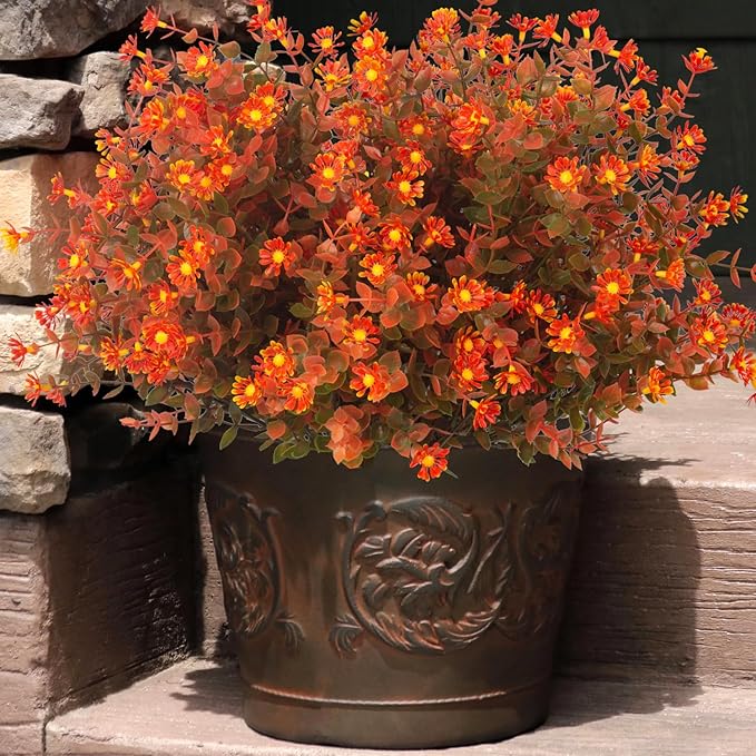 12 Bundles Artificial Fall Flowers No Fade Faux Autumn Plants, Fake Indoor Outdoor Greenery Decorations for Thanksgiving Christmas Wedding Party Home Garden Fireplace Décor (Fall Red)-HomvellaHome