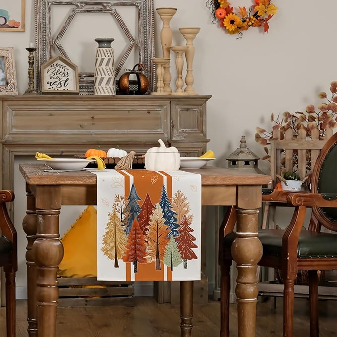 GEEORY Fall Watercolor Trees & Maple Leaves Striped Table Runner 13x120 Inch, Rustic Farmhouse Autumn Thanksgiving Decor for Kitchen, Dining, Indoor/Outdoor Holiday Dinner Party Orange GT157-120-HomvellaHome