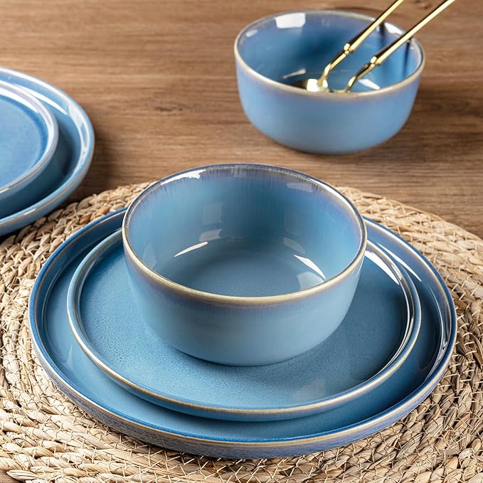 GBHOME Ceramic Dinnerware Sets for 4, 12 Pieces Stoneware Plates and Bowls Sets, Reactive Glaze Dishes -Scratch Resistant, Dishwasher&Microwave Safe-Alaskan Blue-HomvellaHome