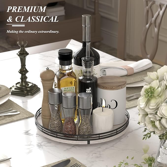 12" Farmhouse Lazy Susan for Kitchen & Coffee Table Decor – Rustic Wood Tray with Black Metal Frame, Decorative Centerpiece for Dining Room, Ottoman, Living Room, Serving or Vanity Use-HomvellaHome