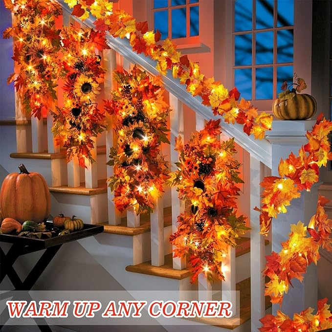 2 Pack Fall Decor Maple Leaves Garland with Lights Battery Operated Fall Thanksgiving Decorations Garland for Home Porch Front Door Table Mantle Outdoor Autumn Harvest Halloween Decor, 11.8Ft 40LED-HomvellaHome