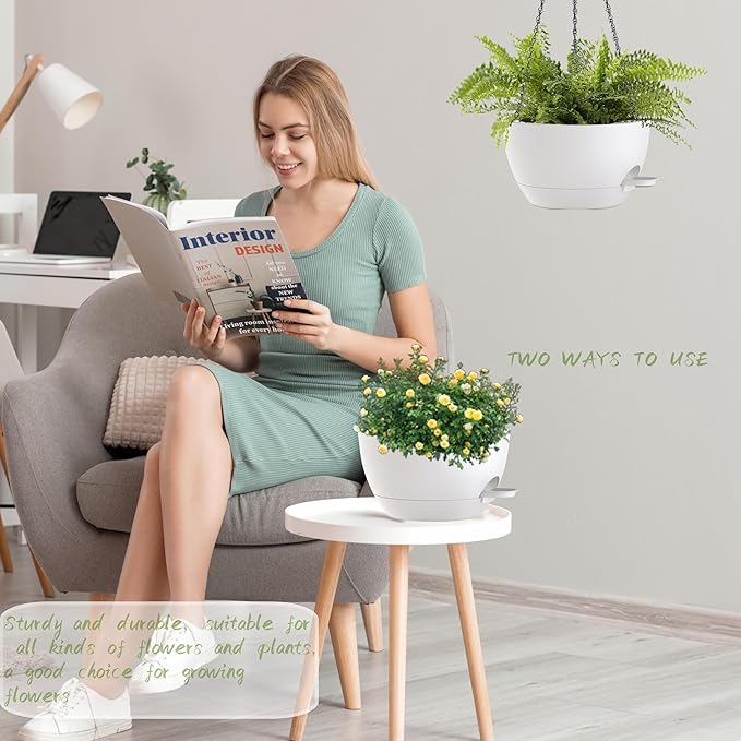 12 Inch Hanging Baskets 2 PC with Chains, Self-Watering Hanging Planters for Indoor Outdoor Plants, Plastic Hanging Flower Pots,White-HomvellaHome