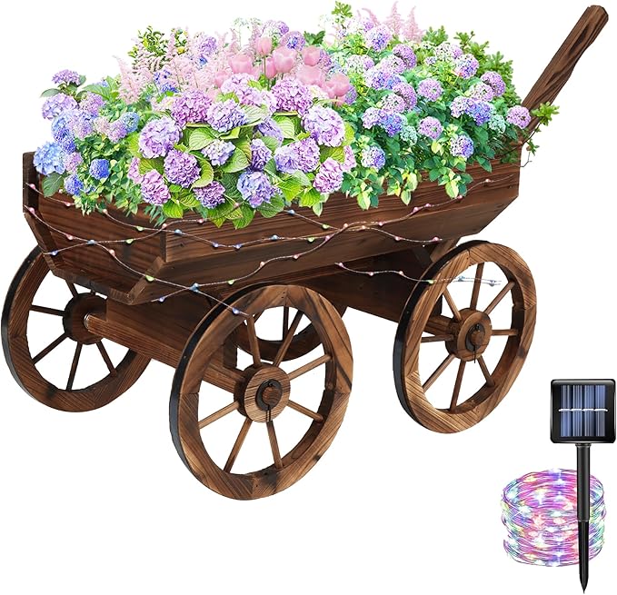 Garden Wooden Decor Rustic Flower Pot,Planters Wagon Indoor Outdoor Backyard Balcony Decor,for Outside Garden Decor Wheelbarrow Planter for Patio (Wooden Wagon with Light)-HomvellaHome