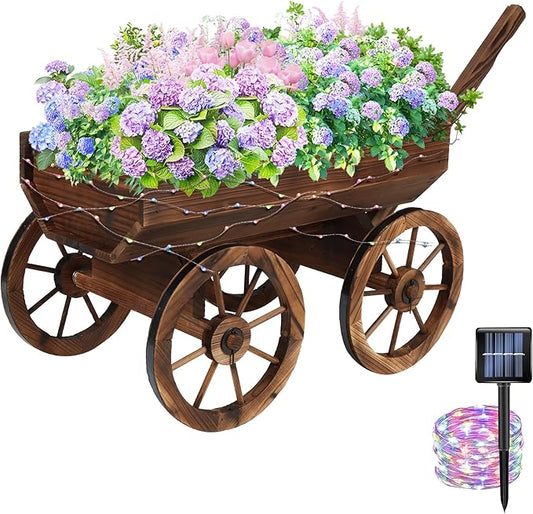 Garden Wooden Decor Rustic Flower Pot,Planters Wagon Indoor Outdoor Backyard Balcony Decor,for Outside Garden Decor Wheelbarrow Planter for Patio (Wooden Wagon with Light)-HomvellaHome
