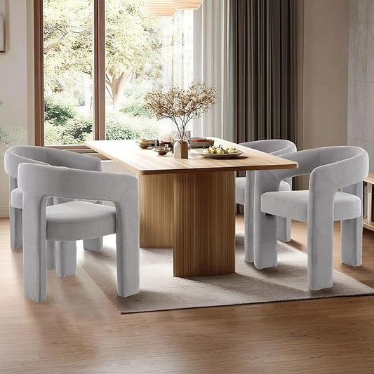 Grey Chenille Dining Chairs Set of 4, Modern Barrel Dining Room Chairs Upholstered Faux Fur Accent Chair with Arms and Round Back for Living Room Kitchen Armchair No Assembly Needed-HomvellaHome