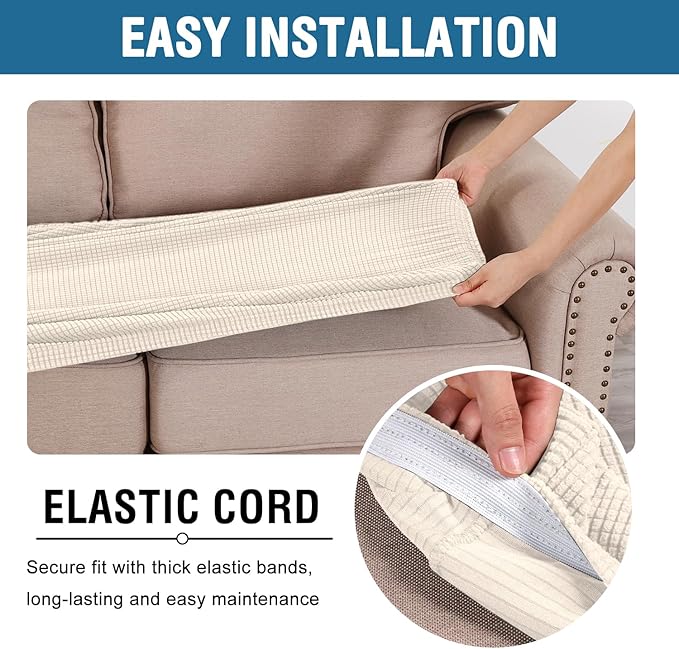 H.VERSAILTEX Super Stretch Individual Seat Cushion Covers Sofa Covers Couch Cushion Covers Slipcover Sets Thick Jacquard Textured Twill Fabric (1 Piece Chair Cushion Cover, Natural)-HomvellaHome