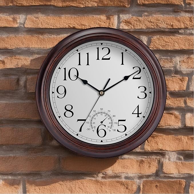 12 Inch Outdoor Wall Clock with Thermometers, Vintage Silent Wall Clocks Battery Operated, Retro Non-Ticking Clock Decorative for Living Room, Patio, Kitchen, Office, Bathroom, Bedroom(Bronze)-HomvellaHome