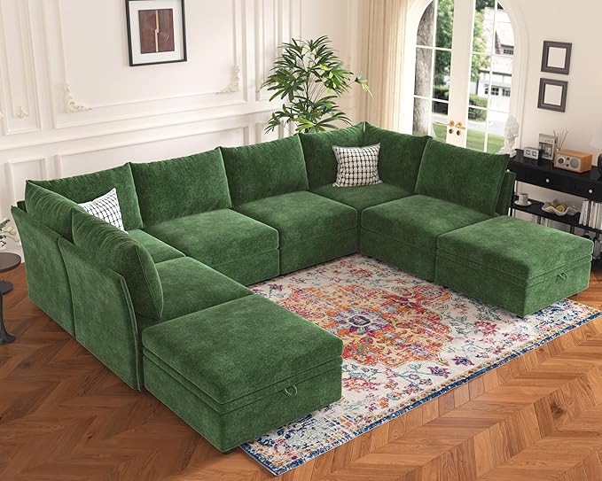 136.4" Oversized Modular Sectional Sleeper Sofa Bed, U Shaped Convertible Couch with Movable Ottoman, Large 8 Seat Corner Couches for Living Room Deep Seat Green Chenille-HomvellaHome