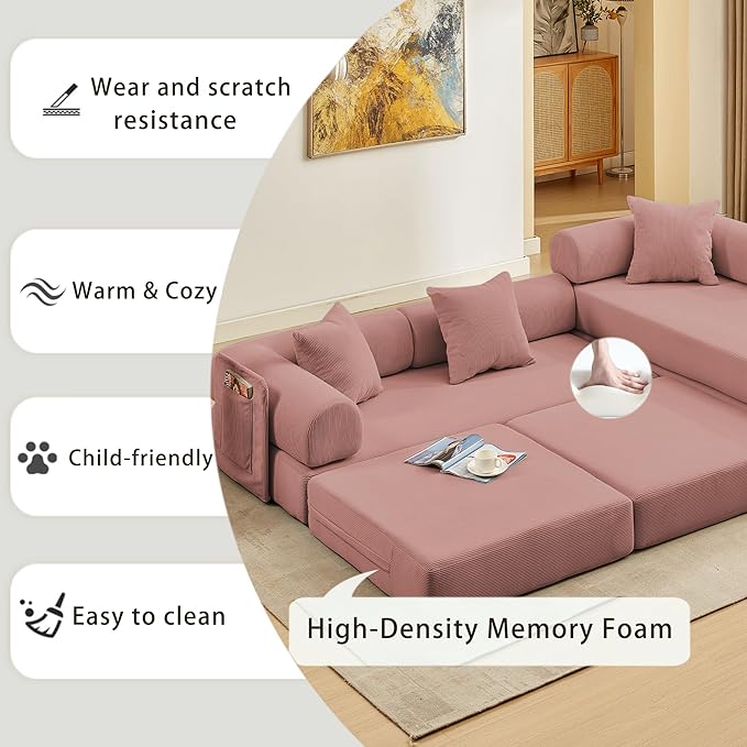 107" Oversized Convertible Sleeper Sofa Bed, Corduroy L Shape Sectional Couch, Folding Sofa Bed with Side Pocket, Modern Cloud Floor Mattress Couch, Modular Sofa for Living Room, Pink-HomvellaHome
