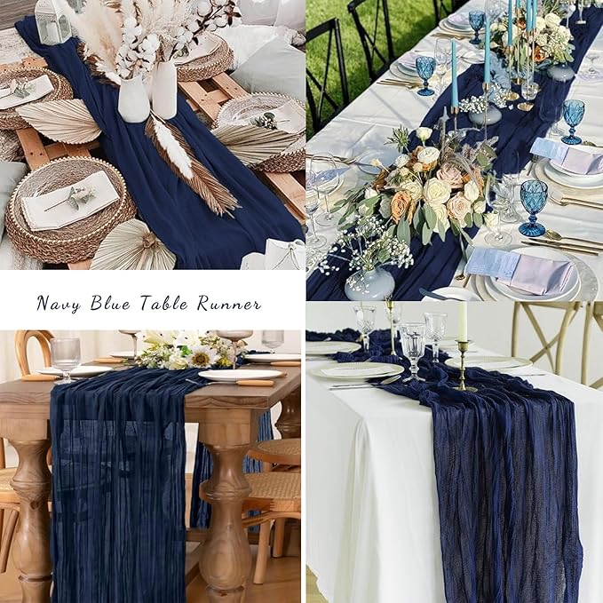12 Pack Navy Blue Cheesecloth Table Runner 10FT Boho Fabric Rustic Cheese Cloth Table Runner for Wedding Bridal Shower Baby Shower Gauze Sheer Birthday Party Table Decorations 20 x 120 Inch Long-HomvellaHome