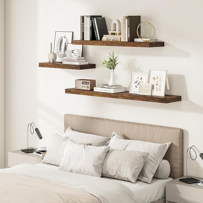 12" Deep Floating Shelves for Wall 24 Inches Long, Heavy Duty Wall Shelves for Bedroom Bathroom Kitchen Laundry Room, Farmhouse Rustic Shelves for Home Decor, 24" X 12" X 2" Set Of 2, Rustic Brown-HomvellaHome