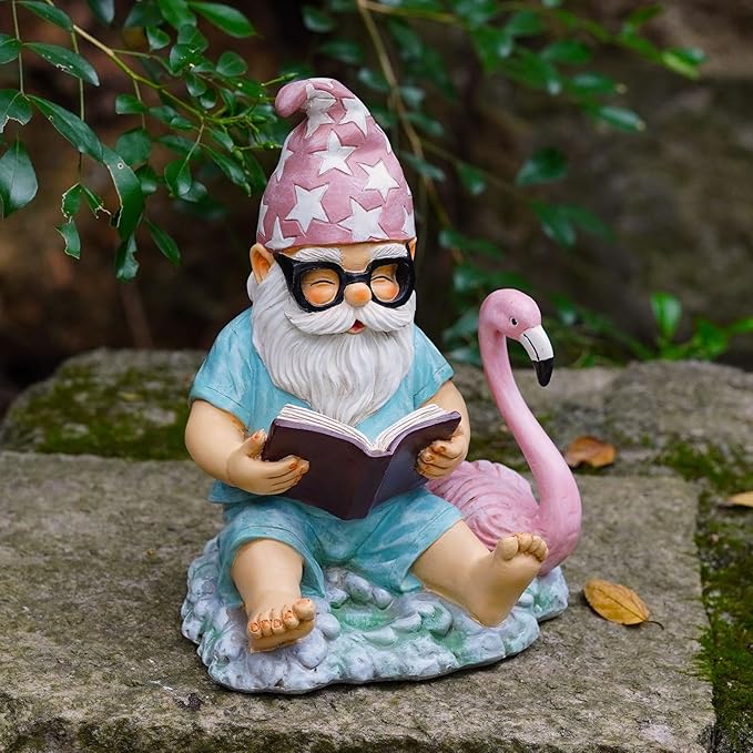 Gnome Statue Garden Decor, Resin Gnome and Flamingo Figurines Outdoor Decorations for Yard Art Porch Lawn Ornaments, Unique Housewarming Gifts-HomvellaHome