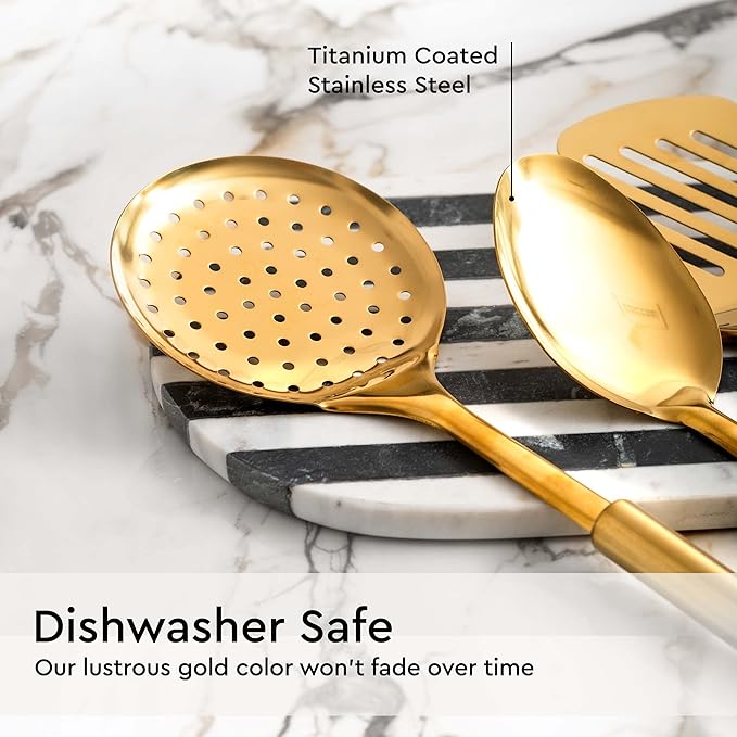 Gold Cooking Utensils Set – 5-Piece Stainless Steel Kitchen Tools for Modern Cooking and Serving – Dishwasher Safe Ladle, Spoon, Spatula, Pasta Fork, Luxury Brass Kitchen Accessories for Home Chefs-HomvellaHome