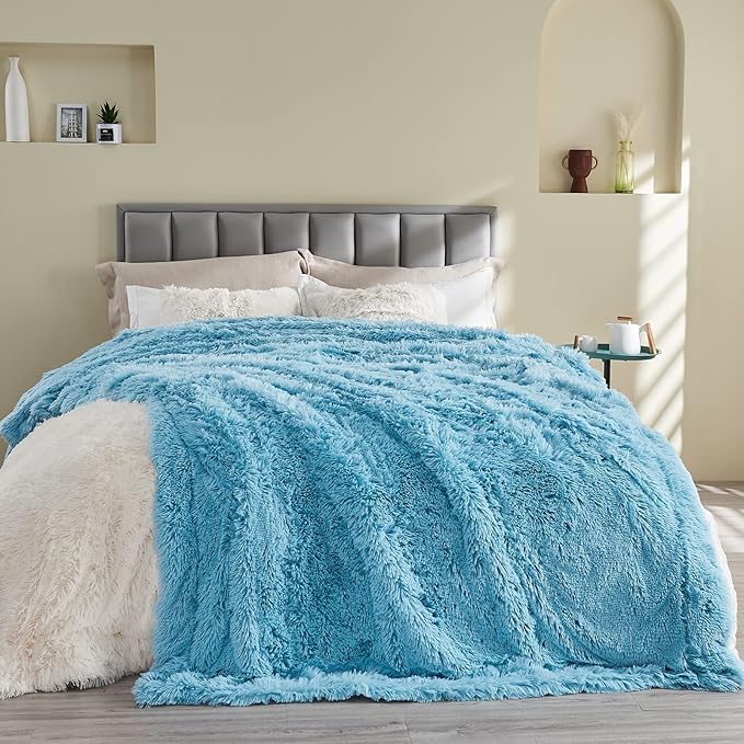 GONAAP Fuzzy Faux Fur Throw Blanket Sky Blue Super Soft Cozy Plush Fuzzy Shaggy Blanket for Couch Sofa Bed (Sky Blue, Throw(50"x60"))-HomvellaHome