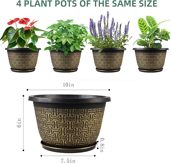 10 Inch Plant Pots, 4 Pack Flower Pots Outdoor with Drainage Holes & Trays, Retro Antique Imitation Decorative Garden Plastic Pots for Plants Indoor Sets for Houseplants-HomvellaHome