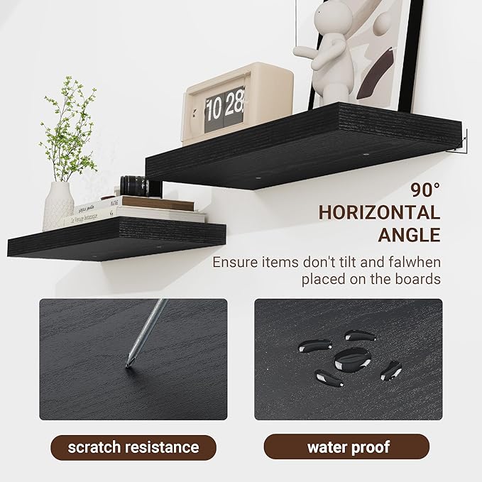 16 Inch Floating Shelves, 16"x9.25"x1.5" Inch Deep Floating Shelves for Wall, Wooden Shelves for Bathroom, Bedroom, Living Room, Black-HomvellaHome
