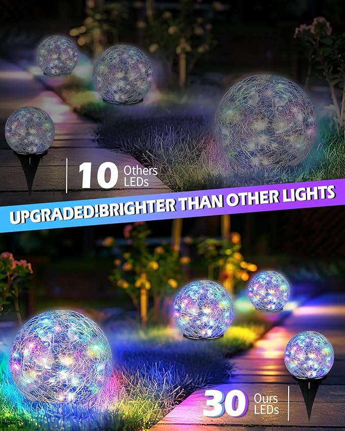 Garden Solar Ball Lights Outdoor Waterproof, 30 LED Cracked Glass Globe Solar Power Ground Lights for Path Yard Patio Lawn, Christmas Decoration Landscape Colorful (2 Pack 3.9'')-HomvellaHome