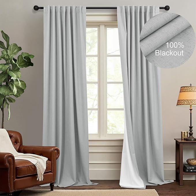 100 Percent Blackout Sliding Glass Door Curtains 120 Inches Long 2 Panels 10 FT Theater Floor to Ceiling Drape Linen Cotton Textured Luxury Curtains Farmhouse Black Out Light Grey Gray White Back Tab-HomvellaHome