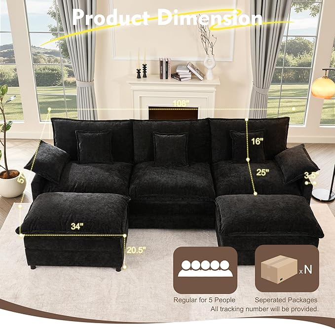 108" U Shaped Couch, Modular Sectional Sofa, 3-Seater Comfy Cloud Couch with Movable Ottoman, Deep Seat Couches for Living Room, Chenille, Black-HomvellaHome