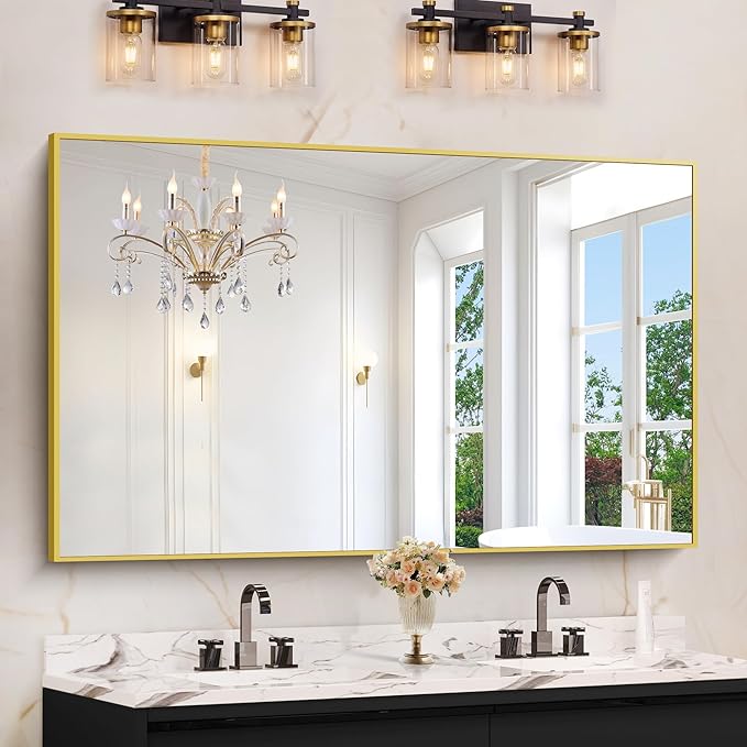 Gold Bathroom Mirror for Wall, 60x36 Inch Rectangle Mirrors with Metal Frame, Modern Vanity Wall Mirror Decor for Bathroom Living Room, Entryway Hangs Horizontal or Vertical-HomvellaHome