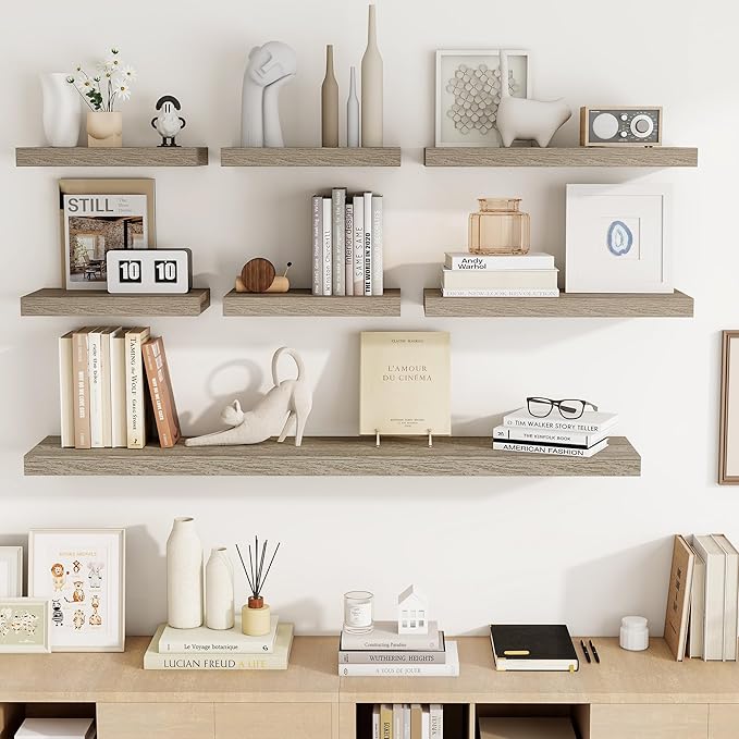 16 Inch Floating Shelves, 3D Textured Wood Grain, 16"x9.25"x1.5" Inch Deep Floating Shelves for Wall, Wooden Shelves for Bathroom, Bedroom, Living Room, Vintage Gray Oak-HomvellaHome