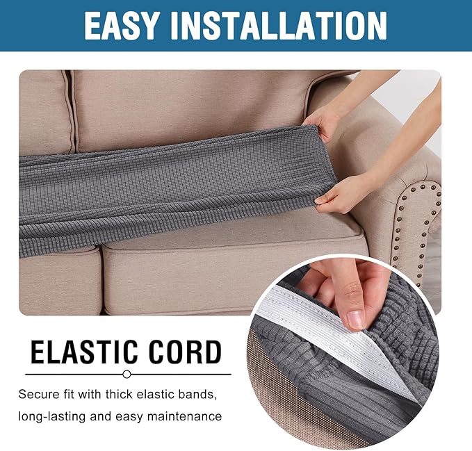H.VERSAILTEX Super Stretch Individual Seat Cushion Covers Sofa Covers Couch Cushion Covers Slipcover Sets Thick Jacquard Textured Twill Fabric (1 Piece Loveseat Cushion Cover, Grey)-HomvellaHome