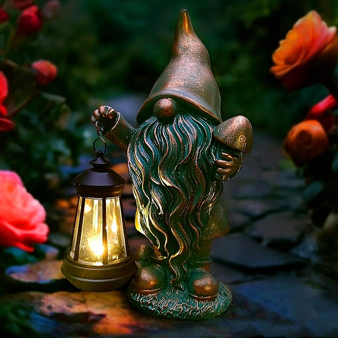 Gnomes Garden Statue Outdoor Décor with Solar Lights Lantern,Gnome Solar Light Figurines Outside Decorations for Yard，Lawn Patio, Balcony, Unique Housewarming Gifts-HomvellaHome