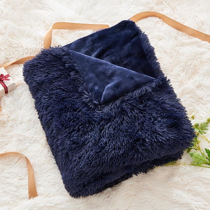GONAAP Fuzzy Faux Fur Throw Blanket Dark Navy Super Soft Cozy Plush Fuzzy Shaggy Blanket for Couch Sofa Bed (Dark Navy, Throw(50"x60"))-HomvellaHome