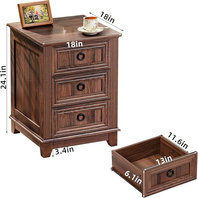 18" Farmhouse Night Stands Set of 2 with Charging Station, 2 & 3 Drawers End Table Dresser for Bedroom, Brown Wooden Nightstand, Bed Side Table with Open Shelf, Bedside Cabinet for Living Room-HomvellaHome