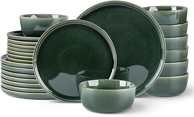 GBHOME Ceramic Dinnerware Sets for 8, 24 Pieces Stoneware Plates and Bowls Sets, Reactive Glaze Dishes -Scratch Resistant, Dishwasher&Microwave Safe, Earth Green-HomvellaHome