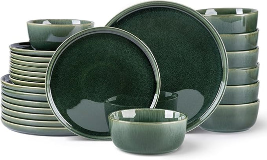GBHOME Ceramic Dinnerware Sets for 8, 24 Pieces Stoneware Plates and Bowls Sets, Reactive Glaze Dishes -Scratch Resistant, Dishwasher&Microwave Safe, Earth Green-HomvellaHome