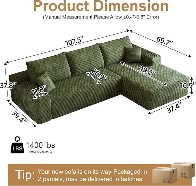 108" Sectional Couches for Living Room Modern Modular Sofa with L-Shape Couchs Upholstered Boneless Couch Deep Seat Sectional Couch with Chaise (Green, Right Facing Chaise+2Seaters)-HomvellaHome