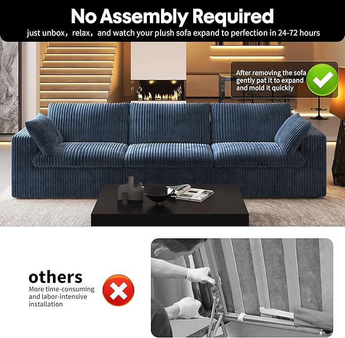 118" 3-Seater Cloud Sofa,Modular Sectional Couch,Modern Deep Seat Upholstered Couches with Plush Corduroy Fabric for Living Room Furniture,Bedroom and Apartment,No Assembly Required,Blue-HomvellaHome